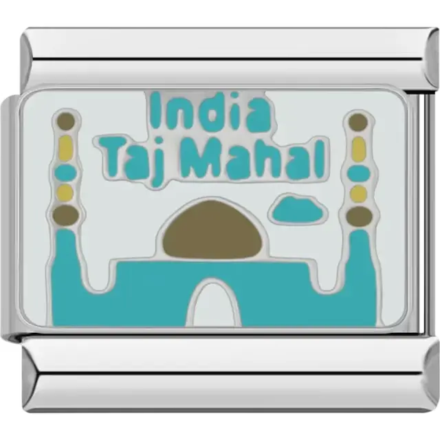 Light blue Taj Mahal with gold and white details and India Taj Mahal text Italian charm bracelet link