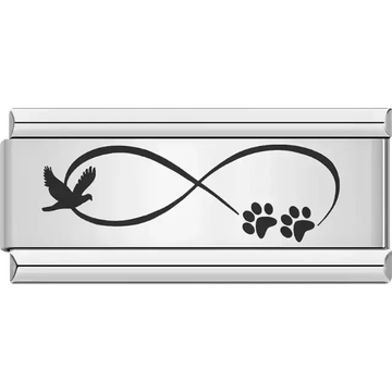 Black infinity symbol with a flying bird on one side and two paw prints on the other Italian charm bracelet link