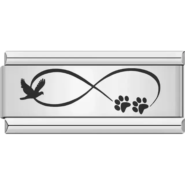 Black infinity symbol with a flying bird on one side and two paw prints on the other Italian charm bracelet link