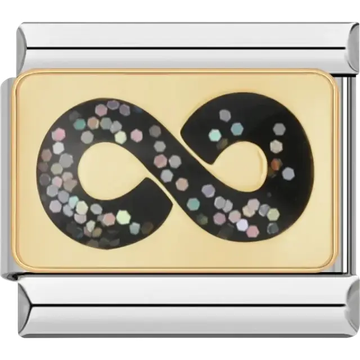 Black infinity symbol with holographic accents on gold background Italian charm bracelet link
