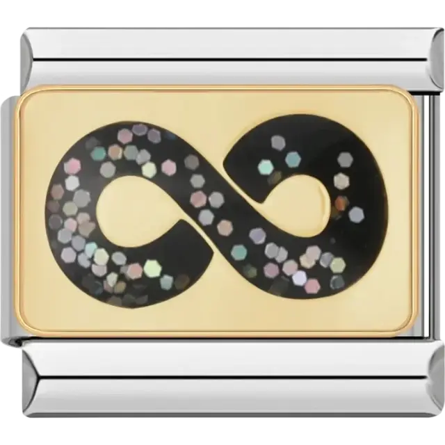 Black infinity symbol with holographic accents on gold background Italian charm bracelet link
