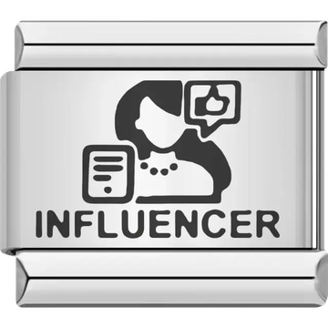 Black influencer figure with a speech bubble and mobile device above bold "INFLUENCER" text Italian charm bracelet link