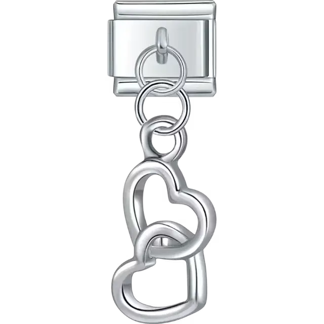 Dangle featuring two interlocking heart outlines in a sleek metallic finish Italian charm bracelet link