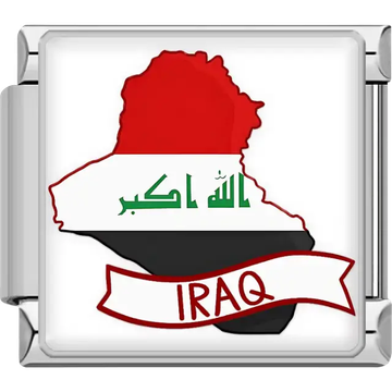 Red, white, and black map of Iraq with green Arabic script and white banner IRAQ text Iraq map flag Italian charm bracelet link