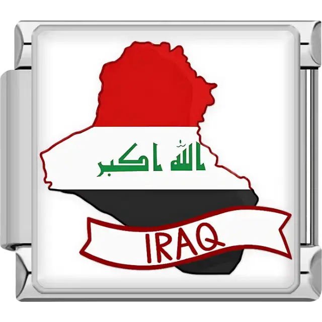Red, white, and black map of Iraq with green Arabic script and white banner IRAQ text Iraq map flag Italian charm bracelet link