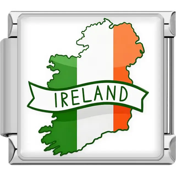 Green white orange map of Ireland with white banner Ireland text Ireland map flag Italian charm bracelet link