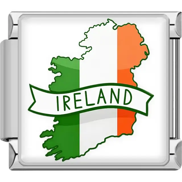 Green white orange map of Ireland with white banner Ireland text Ireland map flag Italian charm bracelet link