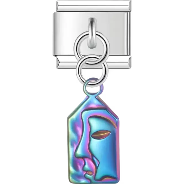 Iridescent abstract face design dangle Italian charm bracelet link