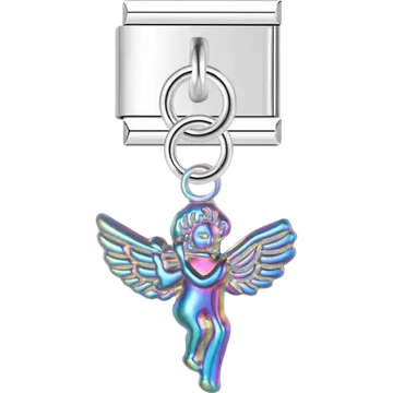 Iridescent angel with wings and detailed features dangle Italian charm bracelet link