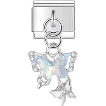 Butterfly with iridescent wings, gemstone accents, and a smaller butterfly detail Italian charm bracelet link