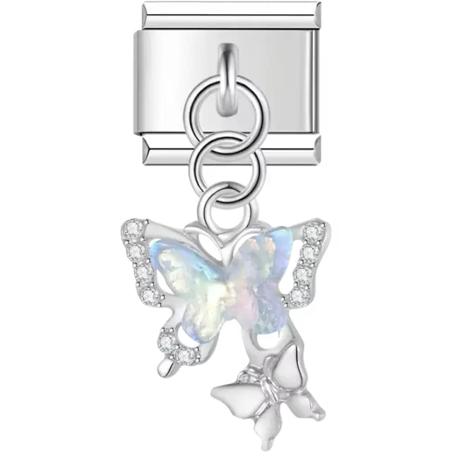 Butterfly with iridescent wings, gemstone accents, and a smaller butterfly detail Italian charm bracelet link