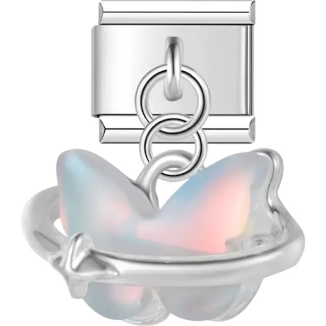 Iridescent butterfly encircled by a smooth ring Italian charm bracelet link