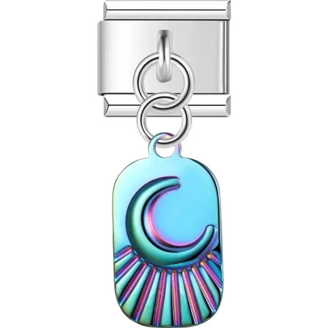 Dangling charm featuring a crescent moon with a radiant iridescent design Italian charm bracelet link