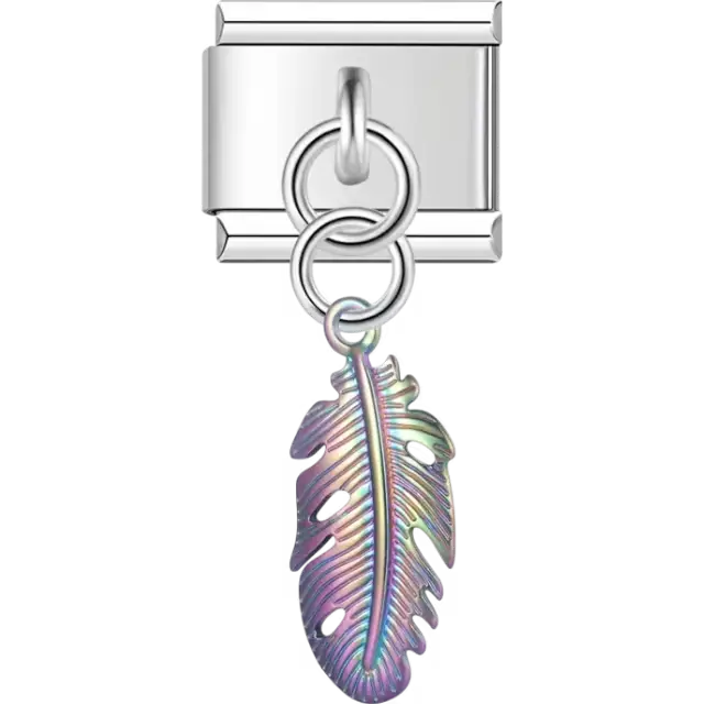 Iridescent feather dangle Italian charm bracelet link