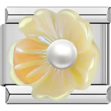 Yellow Iridescent flower with pearl center Italian charm bracelet link