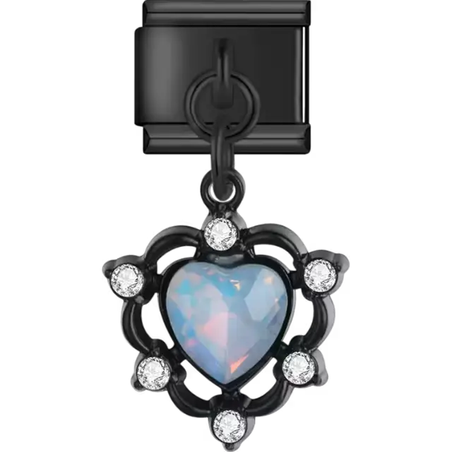 Heart-shaped iridescent gemstone surrounded by a flower-shaped frame with clear stone accents Italian charm bracelet link