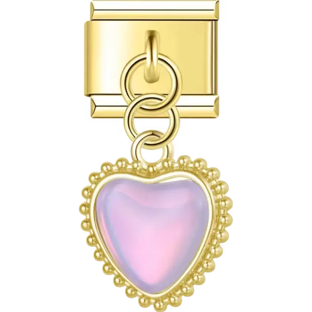 Heart-shaped charm with iridescent design and bead border dangle Italian charm bracelet link