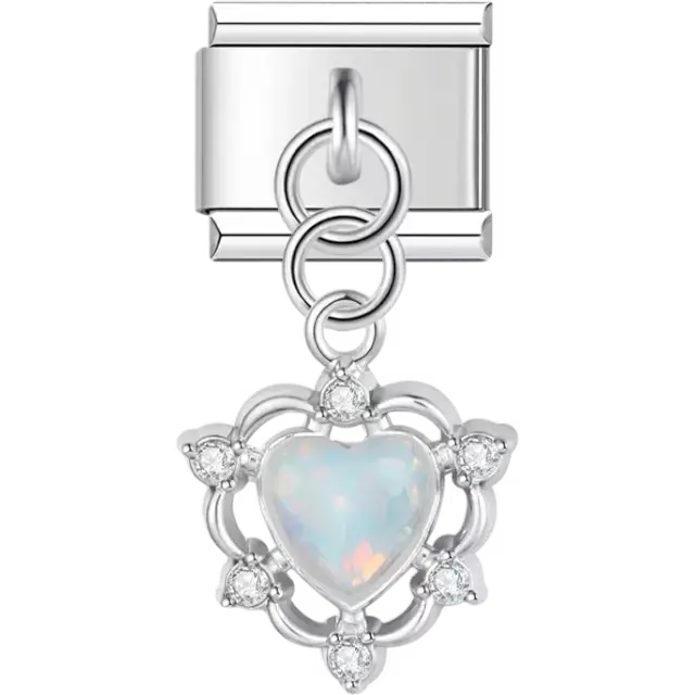 Heart-shaped iridescent gemstone surrounded by a decorative frame with clear stone accents Italian charm bracelet link