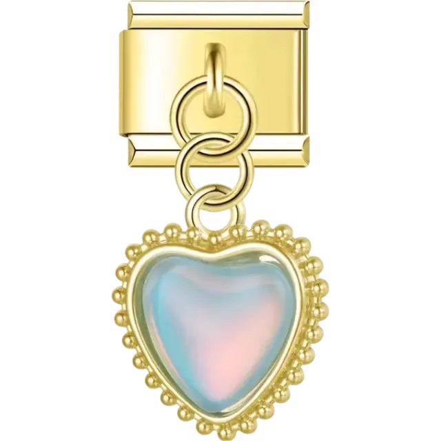 Heart with iridescent design and dotted border dangle Italian charm bracelet link