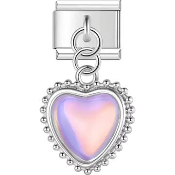 Heart-shaped charm with iridescent design and bead border dangle Italian charm bracelet link