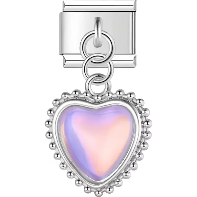 Heart-shaped charm with iridescent design and bead border dangle Italian charm bracelet link