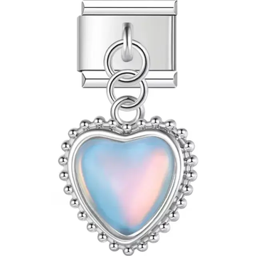 Heart with iridescent design and dotted border dangle Italian charm bracelet link