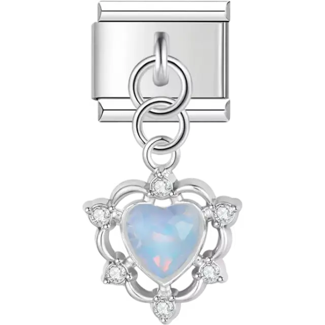 Heart-shaped iridescent gemstone surrounded by a flower-shaped frame with clear stone accents Italian charm bracelet link