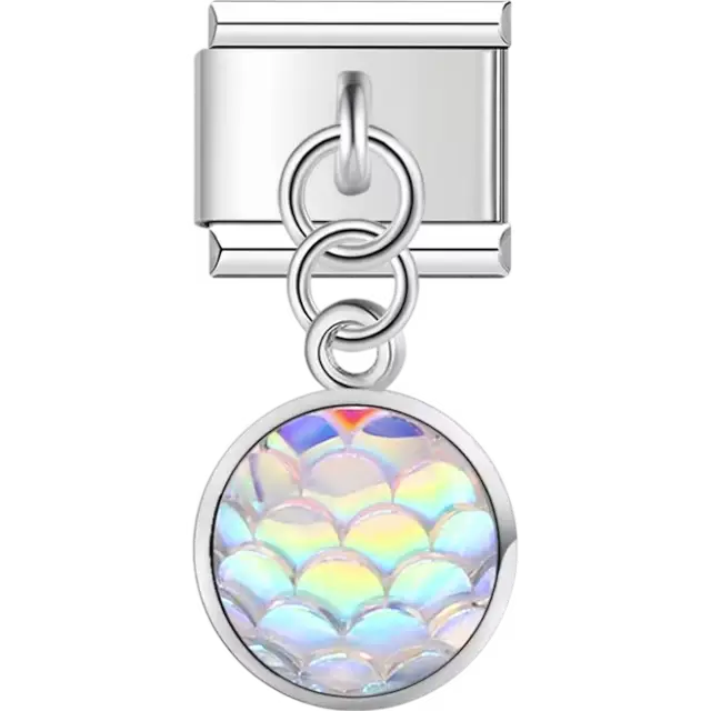 Dangle iridescent mermaid scale pattern with shimmering finish Italian charm bracelet link