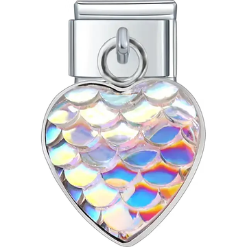 Heart-shaped dangle with an iridescent mermaid scale pattern Italian charm bracelet link