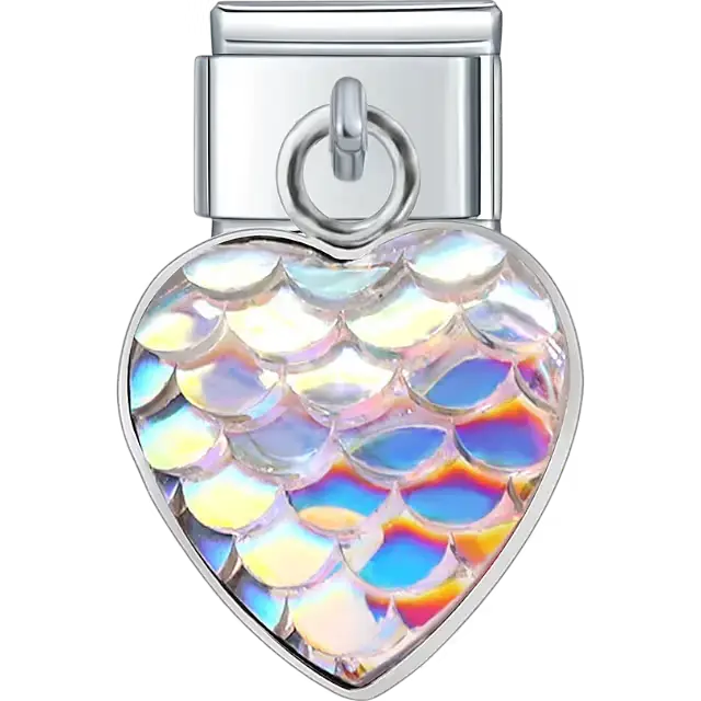 Heart-shaped dangle with an iridescent mermaid scale pattern Italian charm bracelet link