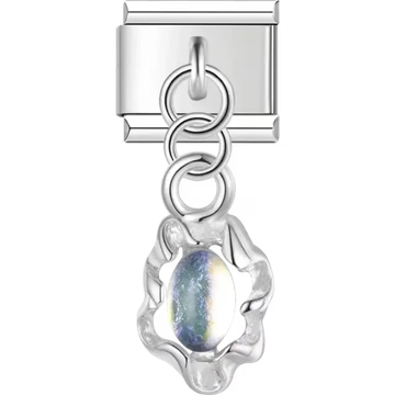 Oval-shaped iridescent gemstone with a decorative dangle Italian charm bracelet link