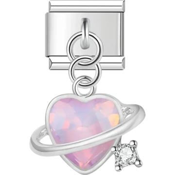 Heart-shaped dangle with a radiant iridescent center, orbital ring, and sparkling crystal accent Italian charm bracelet link