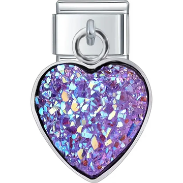 Heart-shaped iridescent purple glitter dangle Italian charm bracelet link