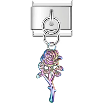 Dangling rose charm with a colorful iridescent design and detailed petals and leaves Italian charm bracelet link