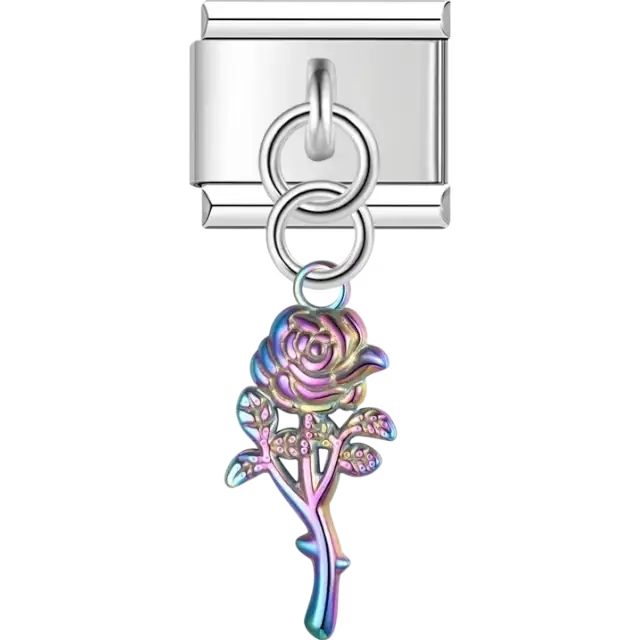 Dangling rose charm with a colorful iridescent design and detailed petals and leaves Italian charm bracelet link