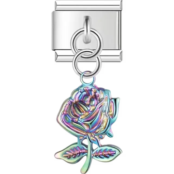 Dangling rose charm with a stunning iridescent finish and detailed petals and leaves Italian charm bracelet link