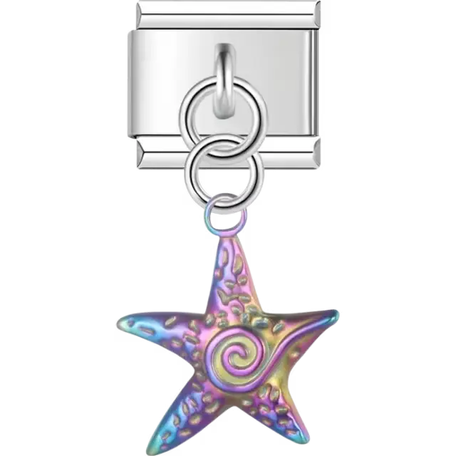 Iridescent starfish with swirled center and textured details dangle Italian charm bracelet link