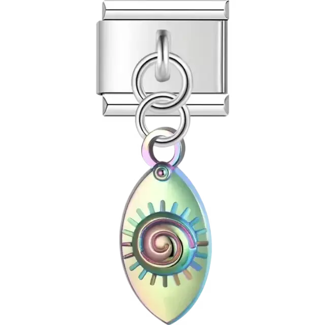 Dangling oval charm with an iridescent swirl and sunray design Italian charm bracelet link