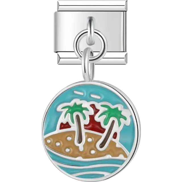 Circular charm with palm trees on an island Italian charm bracelet link