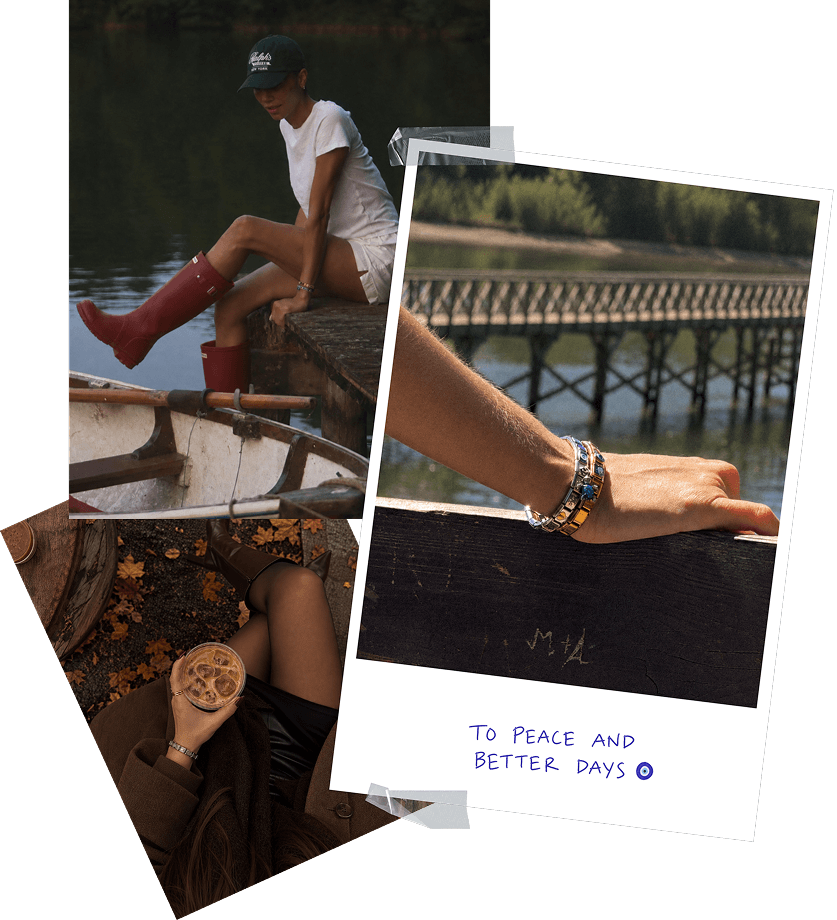 Photo collage of silver and gold Italian charm bracelets, with riverside views and autumn coffee moments.
