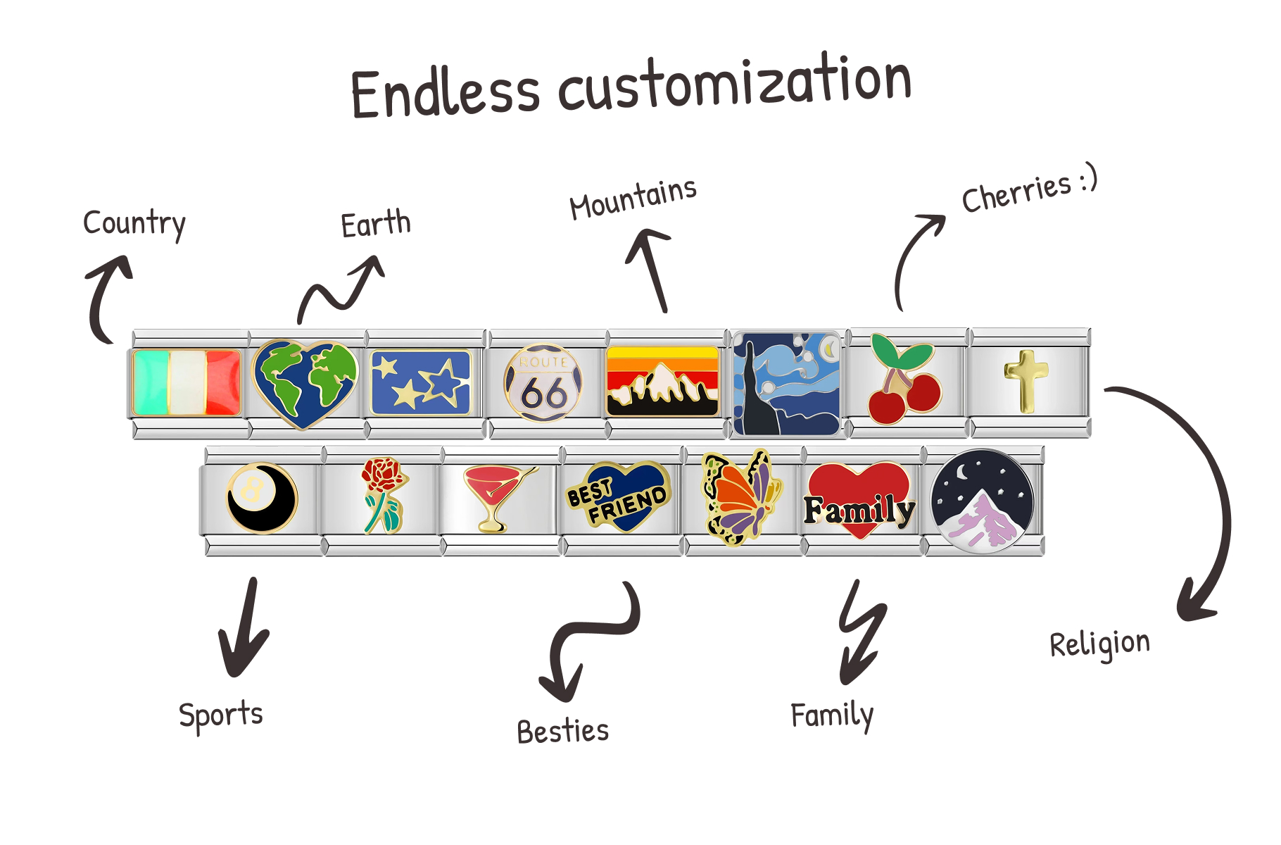 italian charm bracelet customization, with italian flag, charm of planet earth, stars, route 66 charm, mountain charm, cherries charm, religion, 8 ball charm, rose charm, heart charms