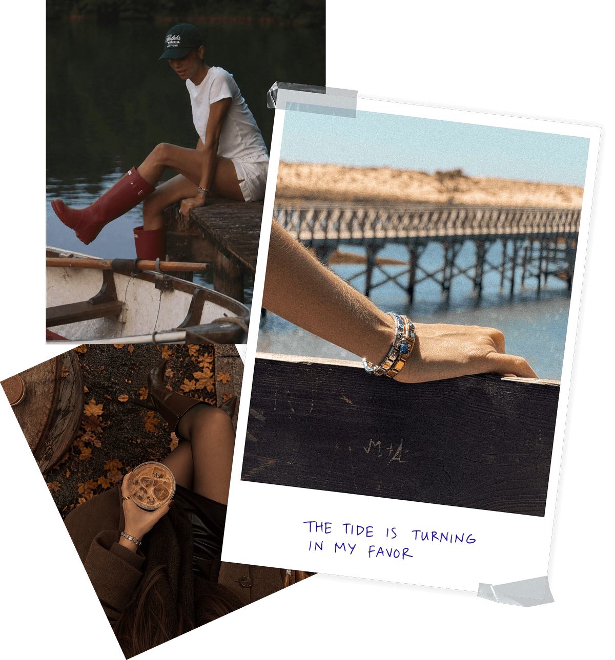 Photo collage of silver and gold Italian charm bracelets, with seaside views and autumn coffee moments.