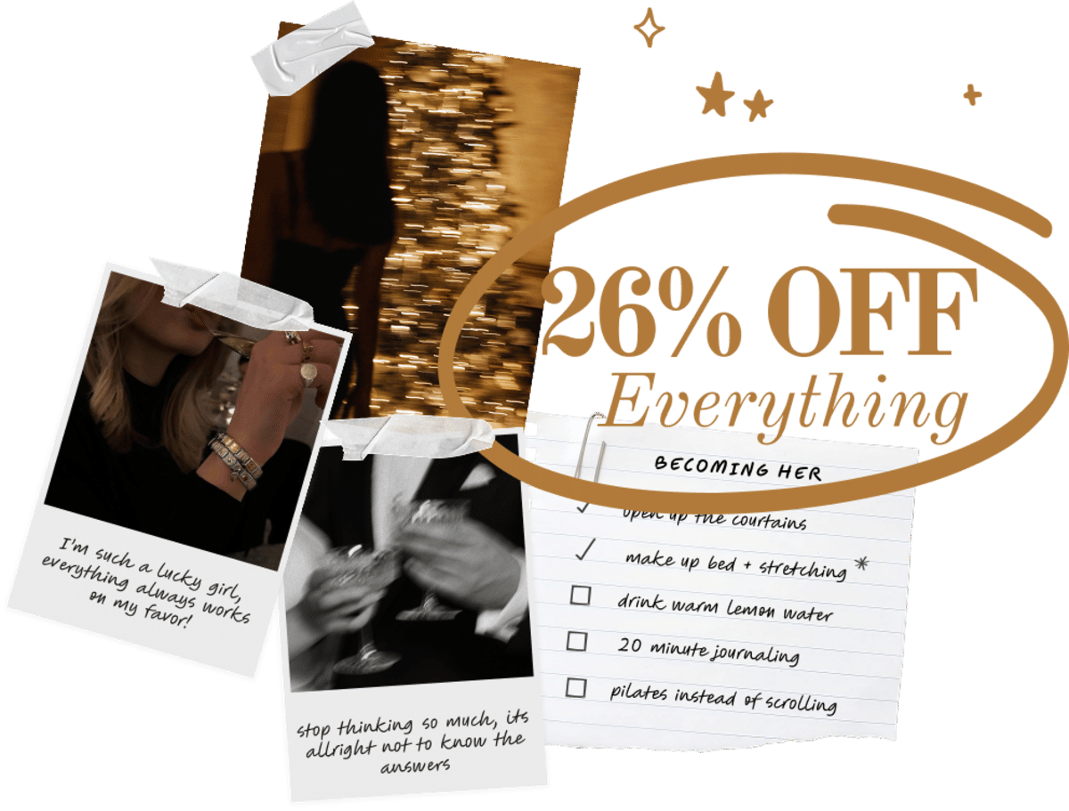 A lifestyle-themed collage for Chericherilady featuring New Year’s Eve celebratory photos and a "Becoming Her" wellness checklist. The image includes three Polaroid-style photos: a woman by a lit Christmas tree, a close-up of a woman with jewelry holding a glass, and a black-and-white photo of two people clinking champagne glasses. A handwritten list on lined paper includes habits like "make up bed + stretching" and "pilates instead of scrolling." Large gold text in the center reads "26% OFF Everything."