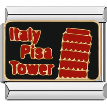 Red Leaning Tower of Pisa with text reading "Italy Pisa Tower" on a black background Italian charm bracelet link
