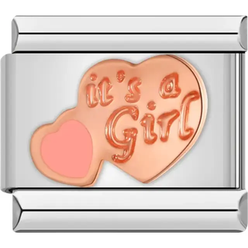 Rose gold double-heart design featuring the text "It's a Girl" with a pink heart accent Italian charm bracelet link