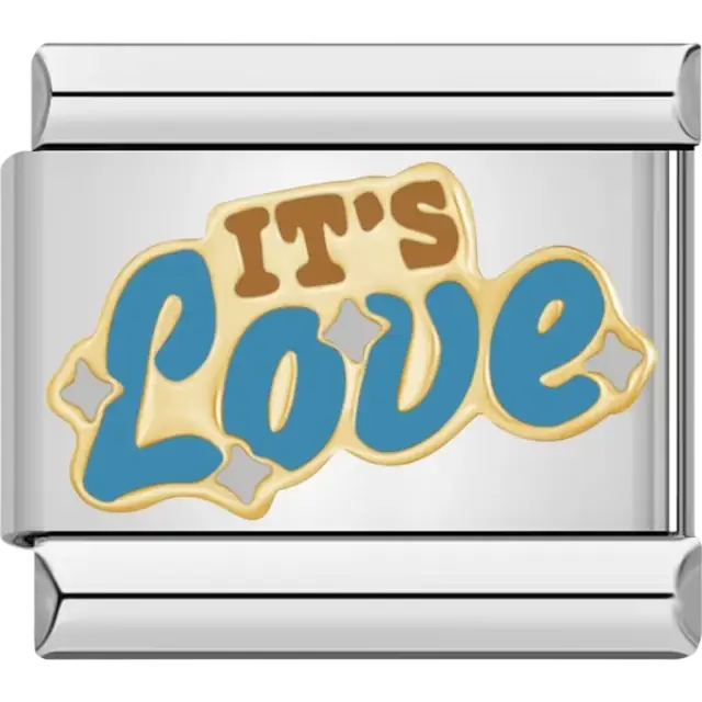 "It's Love" text in blue and brown with gold outline and silver star details Italian charm bracelet link