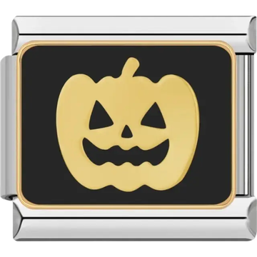 Gold jack-o’-lantern with black background Italian charm bracelet link