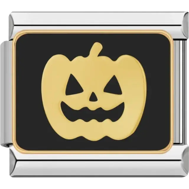 Gold jack-o’-lantern with black background Italian charm bracelet link