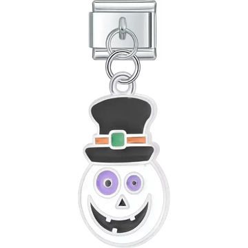 Smiling white jack-o’-lantern face with purple eyes and a black top hat dangle Italian charm bracelet link