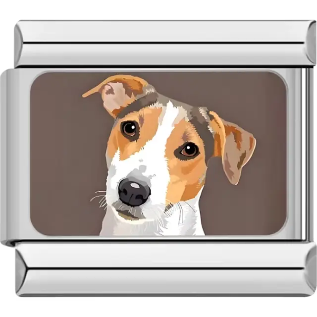 Jack Russell Terrier design featuring a white and tan face with upright ears Italian charm bracelet link